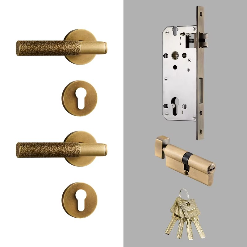 Dooroom Brass Door Lock Set Hammered Gold Yellow Bronze Interior Bedroom Bathroom Double Wood Door Lever Dummy Passage Privacy