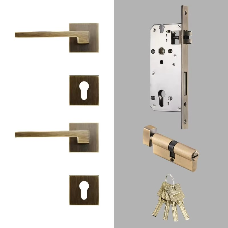 Dooroom Brass Door Lever American Nordic Modern Solid Wood Interior Door Lock Bedroom Split Mechanical Set Handle Black Square