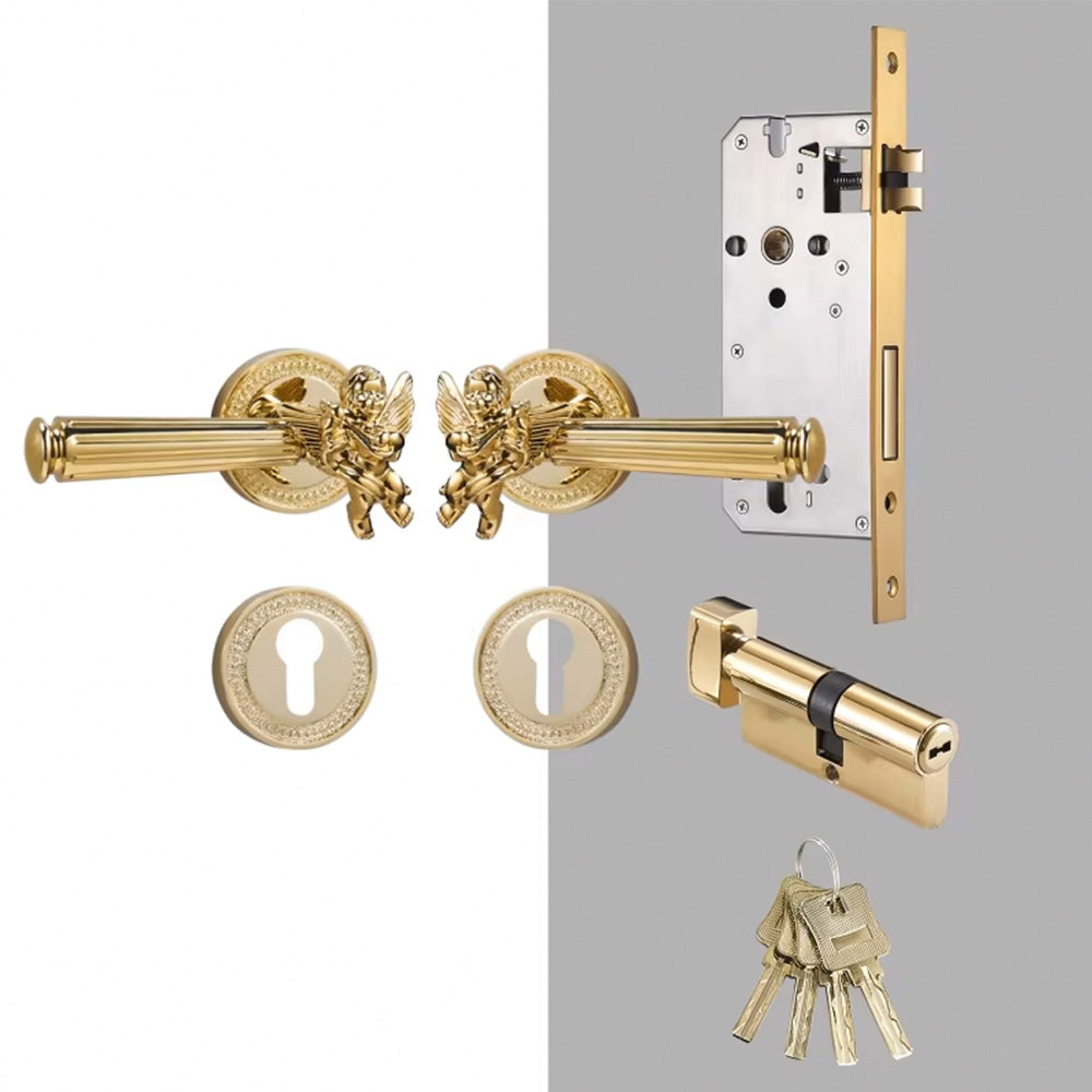 Dooroom Brass Door Lever Set Shiny Gold Bright Chrome Angel Interior Bedroom Bathroom Double Wood Door Lever Dummy Passage