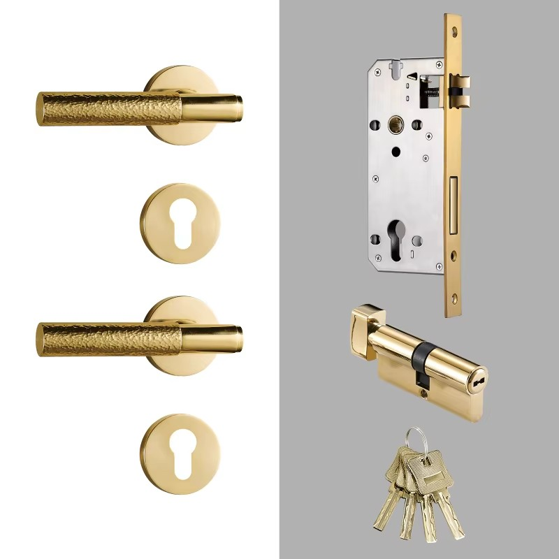 Dooroom Brass Door Lock Set Hammered Gold Yellow Bronze Interior Bedroom Bathroom Double Wood Door Lever Dummy Passage Privacy