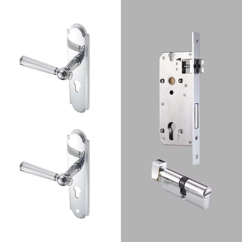 Dooroom Brass Door Lock Set Modern Shiny Chrome Interior Bedroom Bathroom Double Wood Door Lever Set Dummy Handle