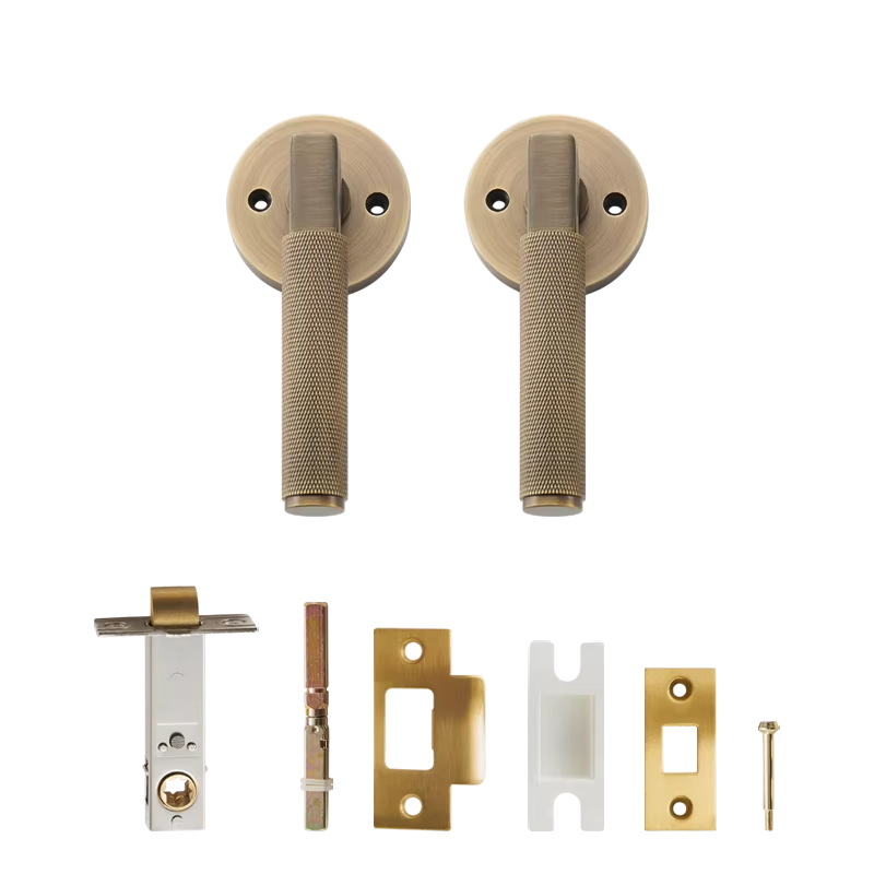 DOOROOM US Standard For 2-1/8" Hole Brass Knurled Lever Privacy Door Lock Passage Set  Round Rose 65mm Dummy Closet Handle