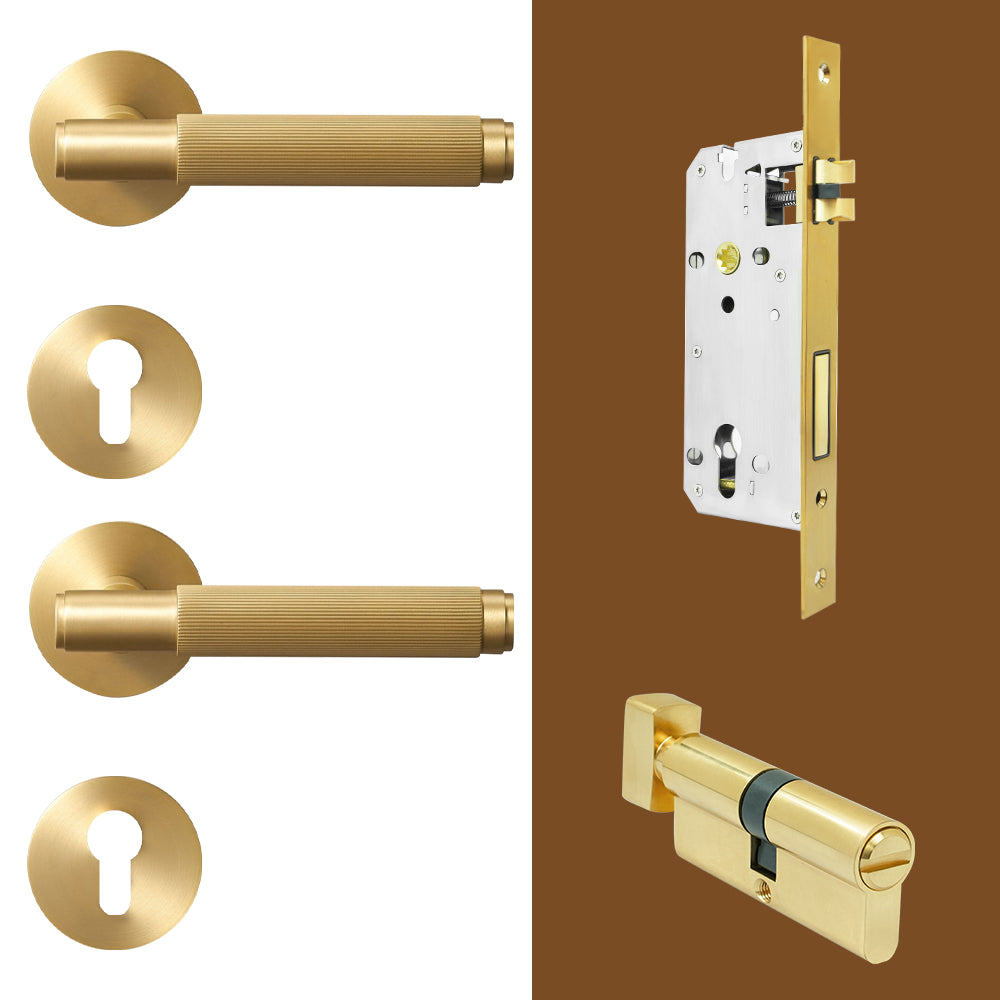 Dooroom Brass Stripe Door Lock Set Modern Grey Interior Bedroom Bathroom Double Wood Lever Dummy Handle Knob Linear