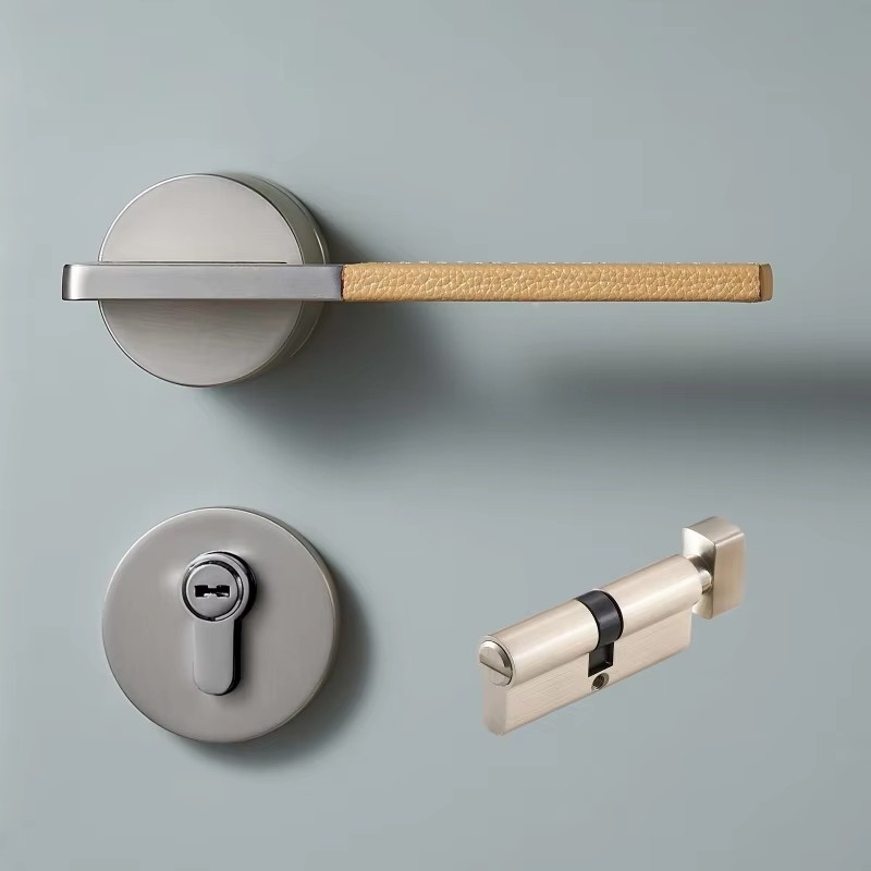 Dooroom Brass Leather Door Lock Set Black Brushed Nickel Bedroom Bathroom Double Wood Door Lever Set Dummy Privacy Passage