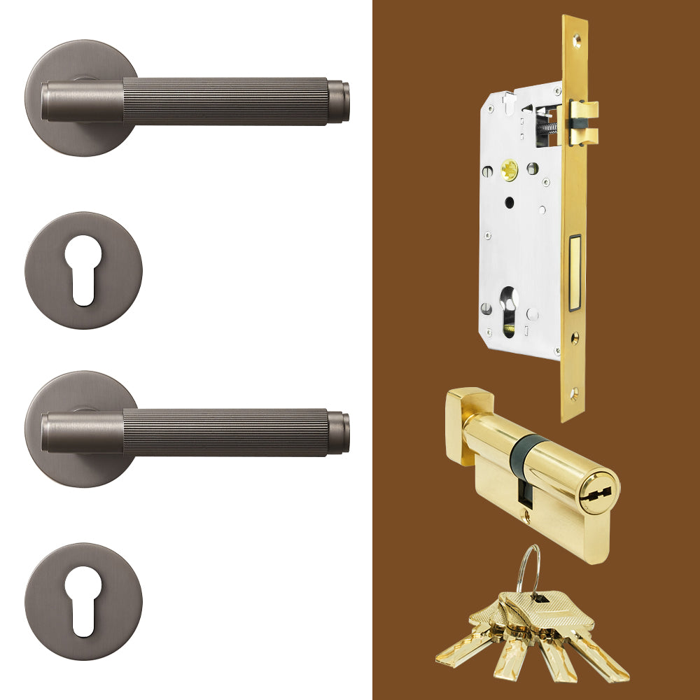 Dooroom Brass Stripe Door Lock Set Modern Grey Interior Bedroom Bathroom Double Wood Lever Dummy Handle Knob Linear