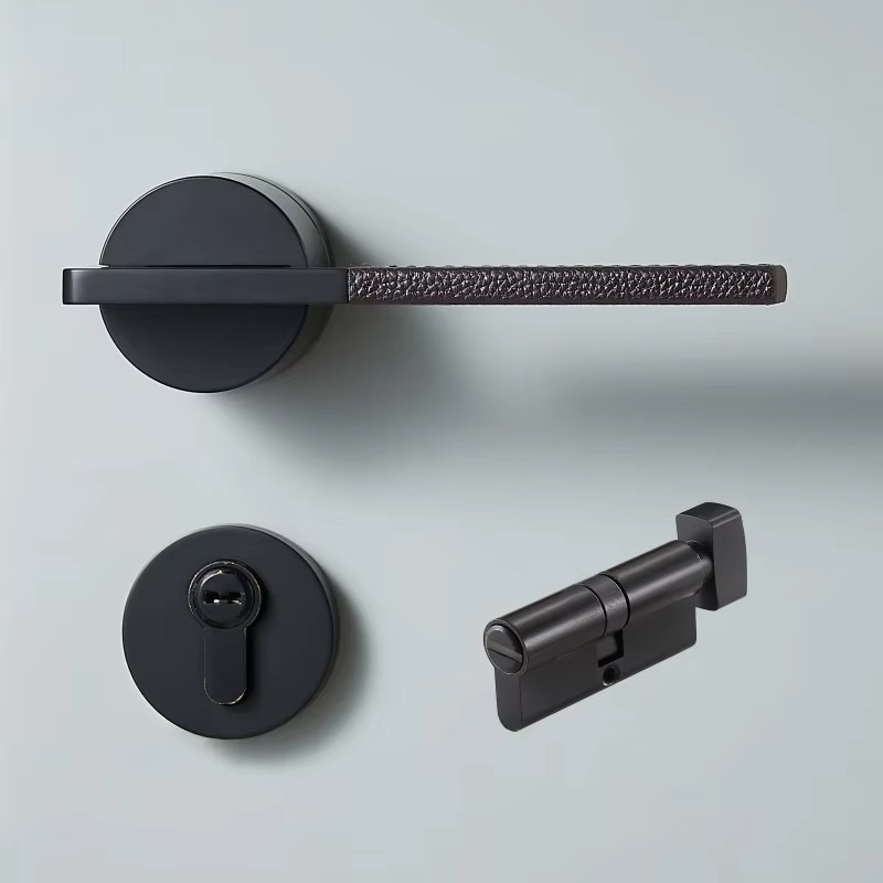 Dooroom Brass Leather Door Lock Set Black Brushed Nickel Bedroom Bathroom Double Wood Door Lever Set Dummy Privacy Passage