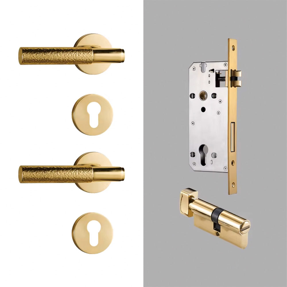 Dooroom Brass Door Lock Set Hammered Polished Brass Gold Yellow Bronze Interior Bedroom Bathroom Double Wood Door Lever
