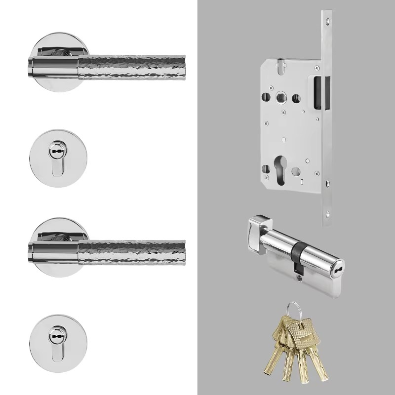 Dooroom Brass Door Lock Set Hammered Bright Silver Interior Bedroom Bathroom Double Wood Door Lever Dummy Passage Privacy Lock