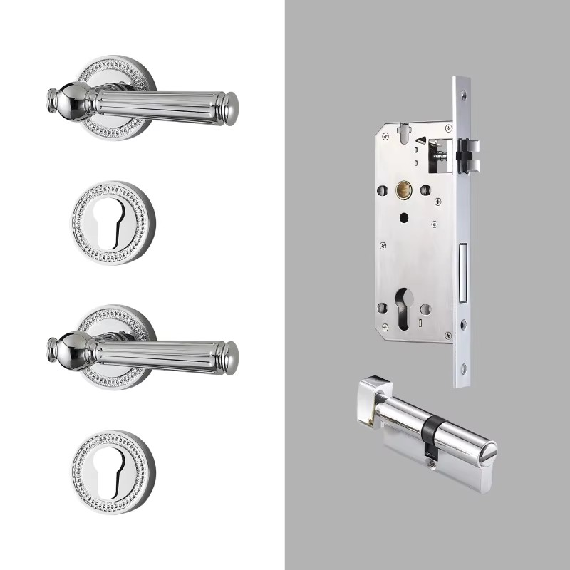 Dooroom Brass Door Lock Set Modern Shiny Chrome Interior Bedroom Bathroom Double Wood Door Lever Set Dummy Handle