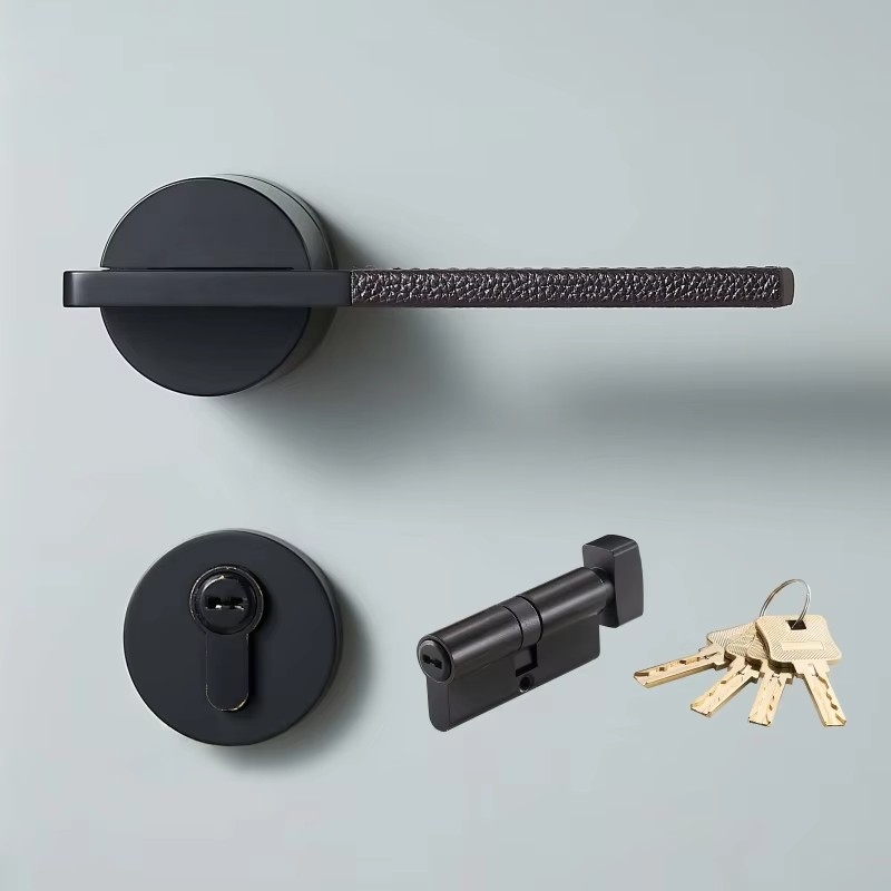 Dooroom Brass Leather Door Lock Set Black Brushed Nickel Bedroom Bathroom Double Wood Door Lever Set Dummy Privacy Passage