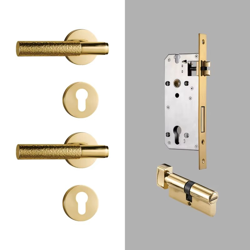 Dooroom Brass Door Lock Set Hammered Gold Yellow Bronze Interior Bedroom Bathroom Double Wood Door Lever Dummy Passage Privacy