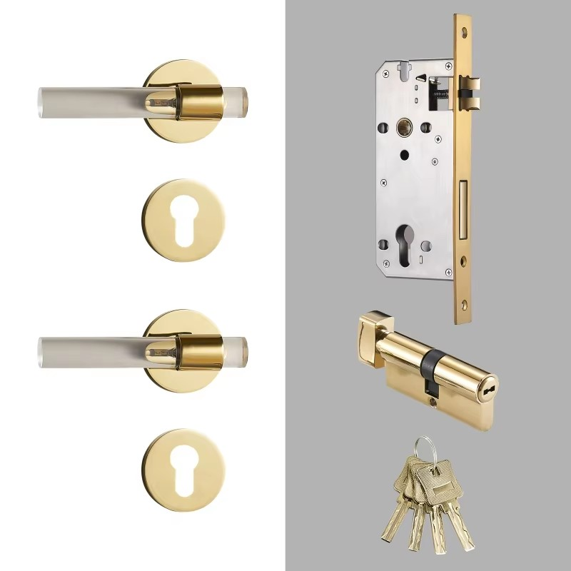 Dooroom Brass Acrylic Door Lock Set Modern Interior Bedroom Bathroom Double Wood Door Lever Set Dummy Privacy Passage Lock Set