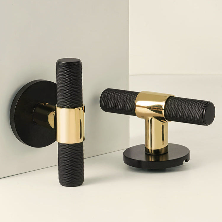 DOOROOM Brass Door Lock Set Black Gold Knurled Hidden Door  Modern T-bar Bedroom Bathroom  Door Lever Dummy Privacy Passage