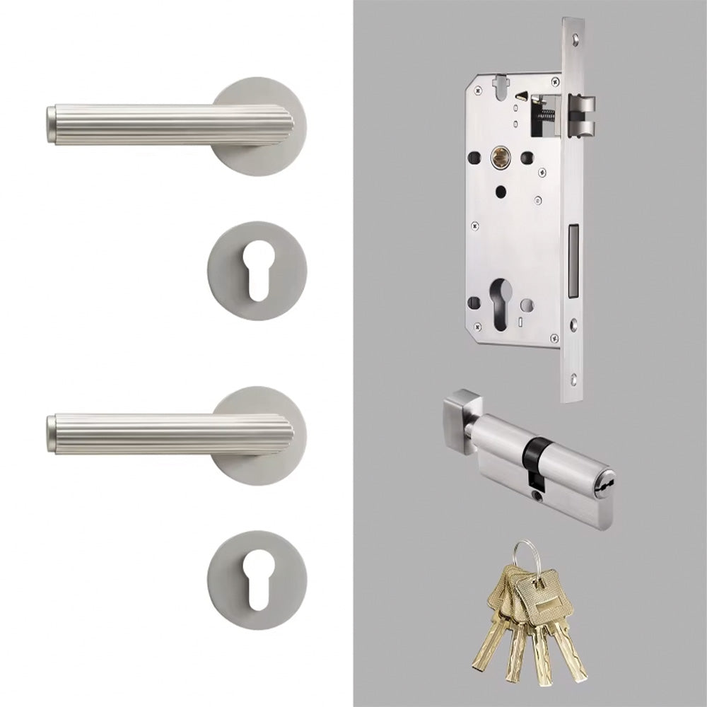 Dooroom Brass Door Lock Set Modern Stripe Matt Silver Interior Bedroom Bathroom Double Wood Door Lever Dummy Privacy Passage
