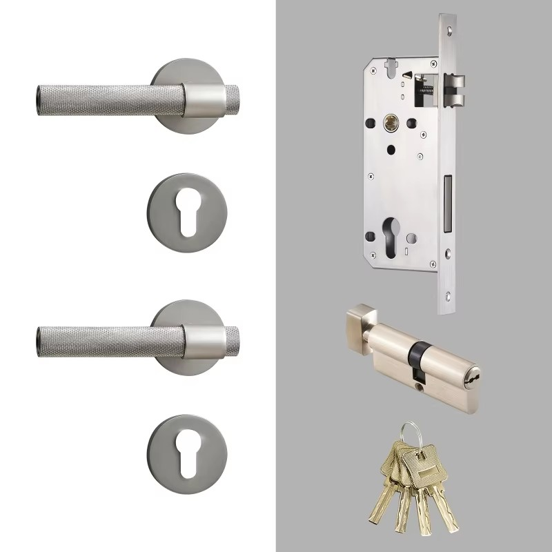 Dooroom Brass Knurled Door Lock Set Silver Matt Brushed Nickel Interior Bedroom Bathroom Double Wood Door Lever Set Dummy Handle