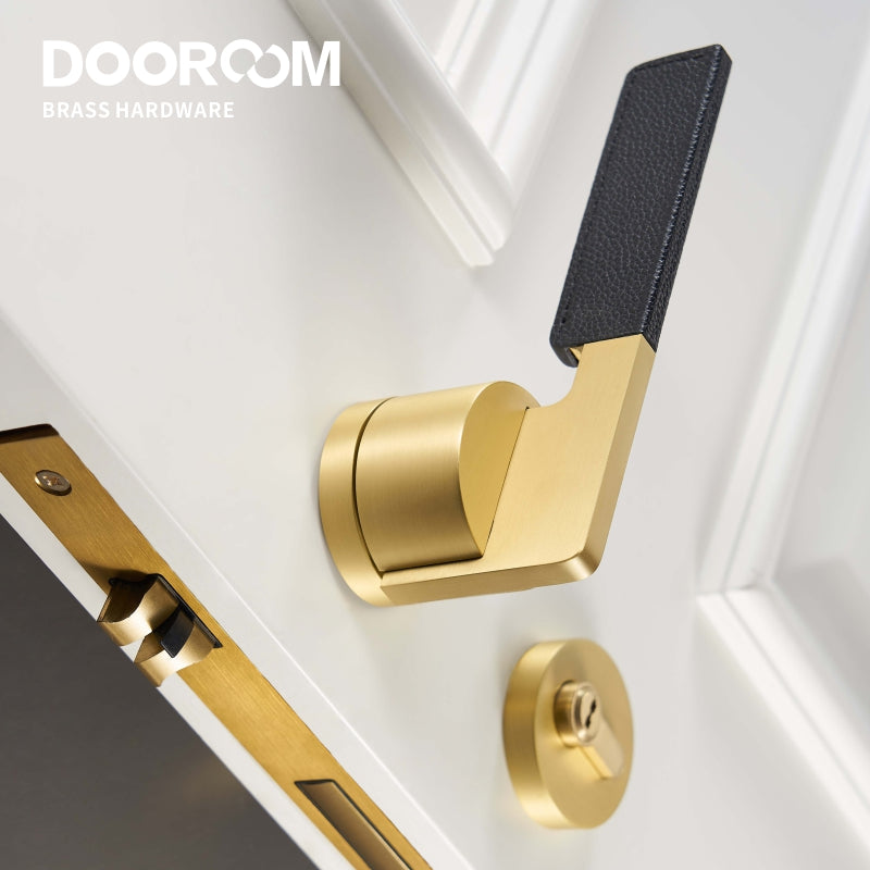 Dooroom Brass Leather Door Lock Set Black Brushed Nickel Bedroom Bathroom Double Wood Door Lever Set Dummy Privacy Passage